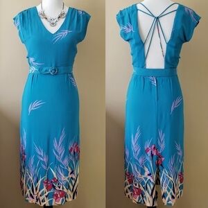 Vintage Turquoise Bird Iris Strapy Back Sheath Midi Dress Cap Sleeve Size Small